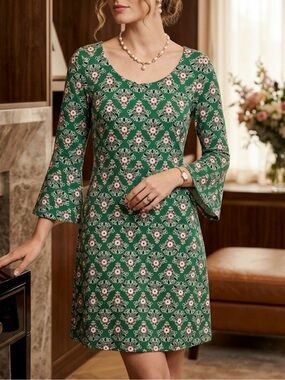 Boden Green Floral Medallion Bell Sleeve‎ Mini Dress J0112 US 6R